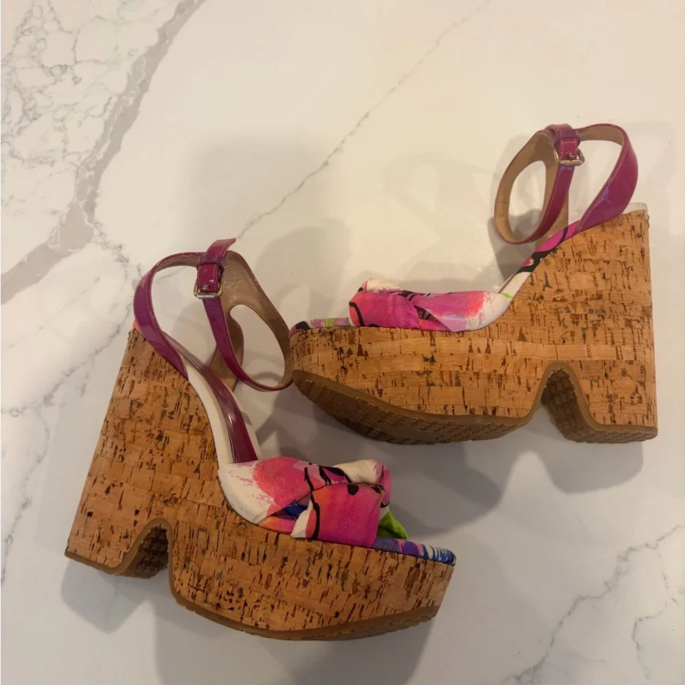 Jimmy Choo Platform Cork Wedge Sandals with Pink Floral Straps Sz 37.5
